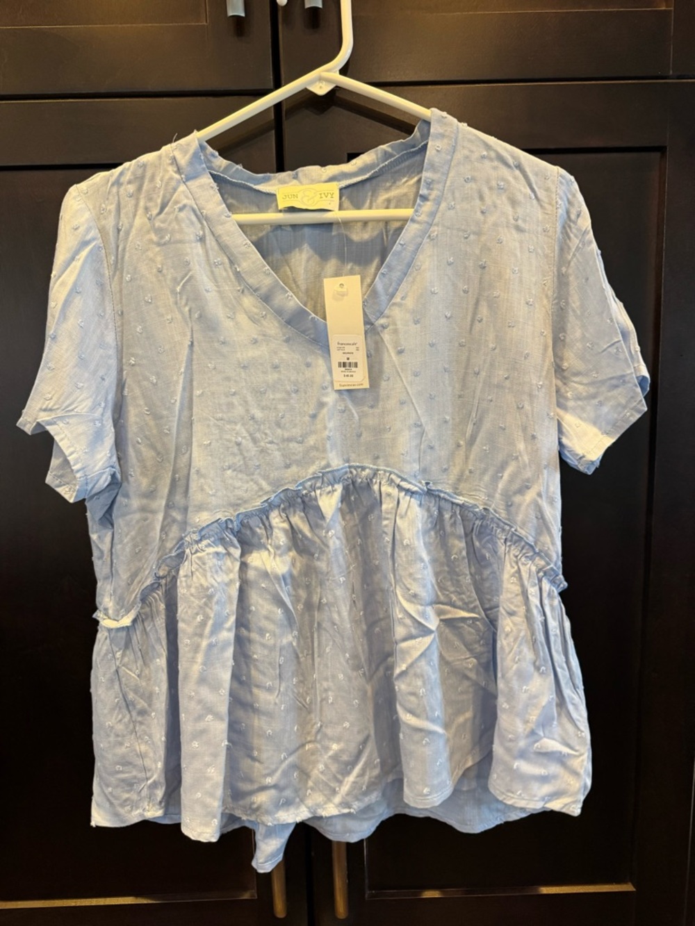 June& Ivy Light Blue Swiss-Dot Peplum V-Neck Blouse